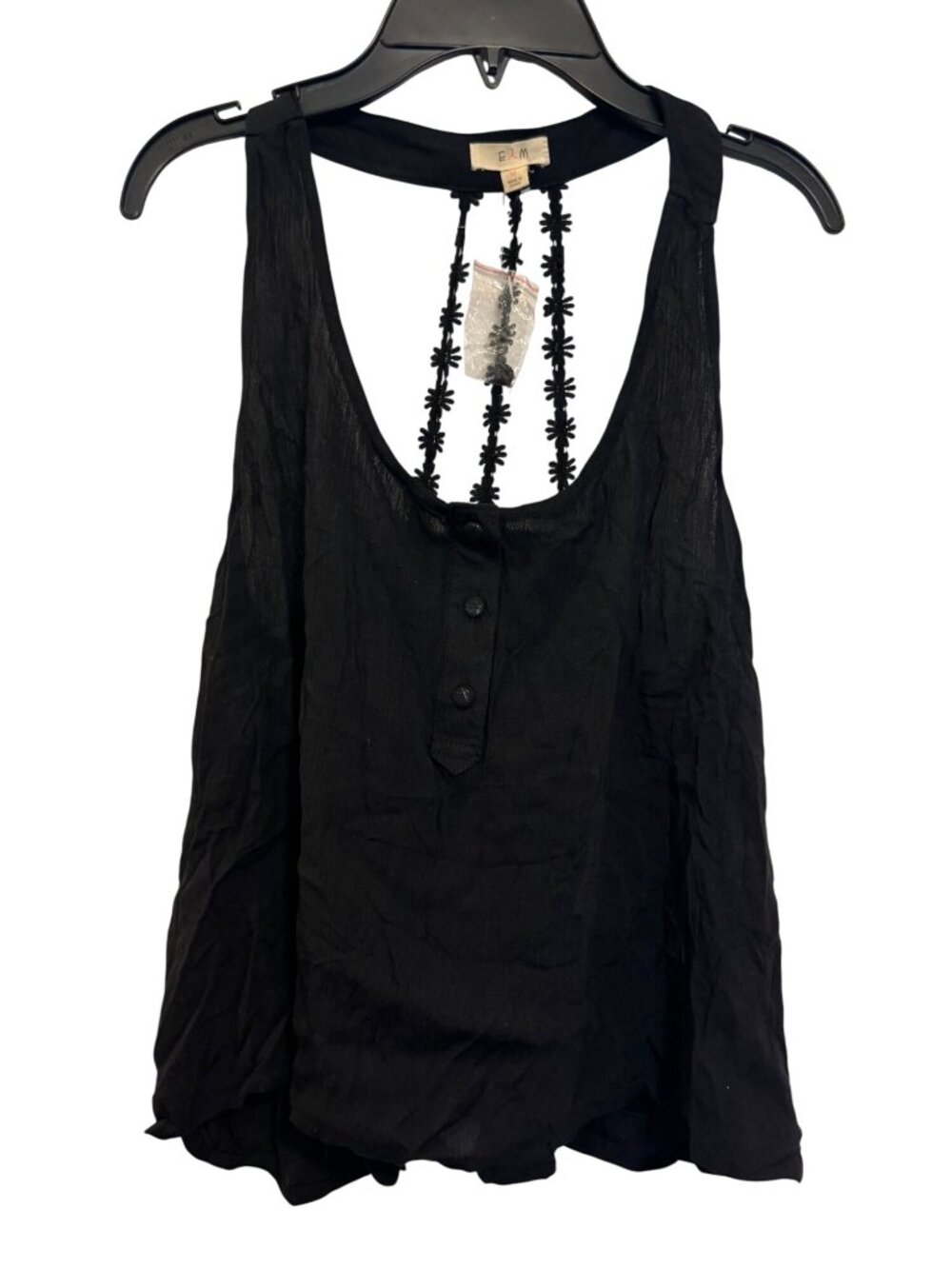 Black Sleeveless Lace Back Tank Top With Button Front & Floral Embellishments